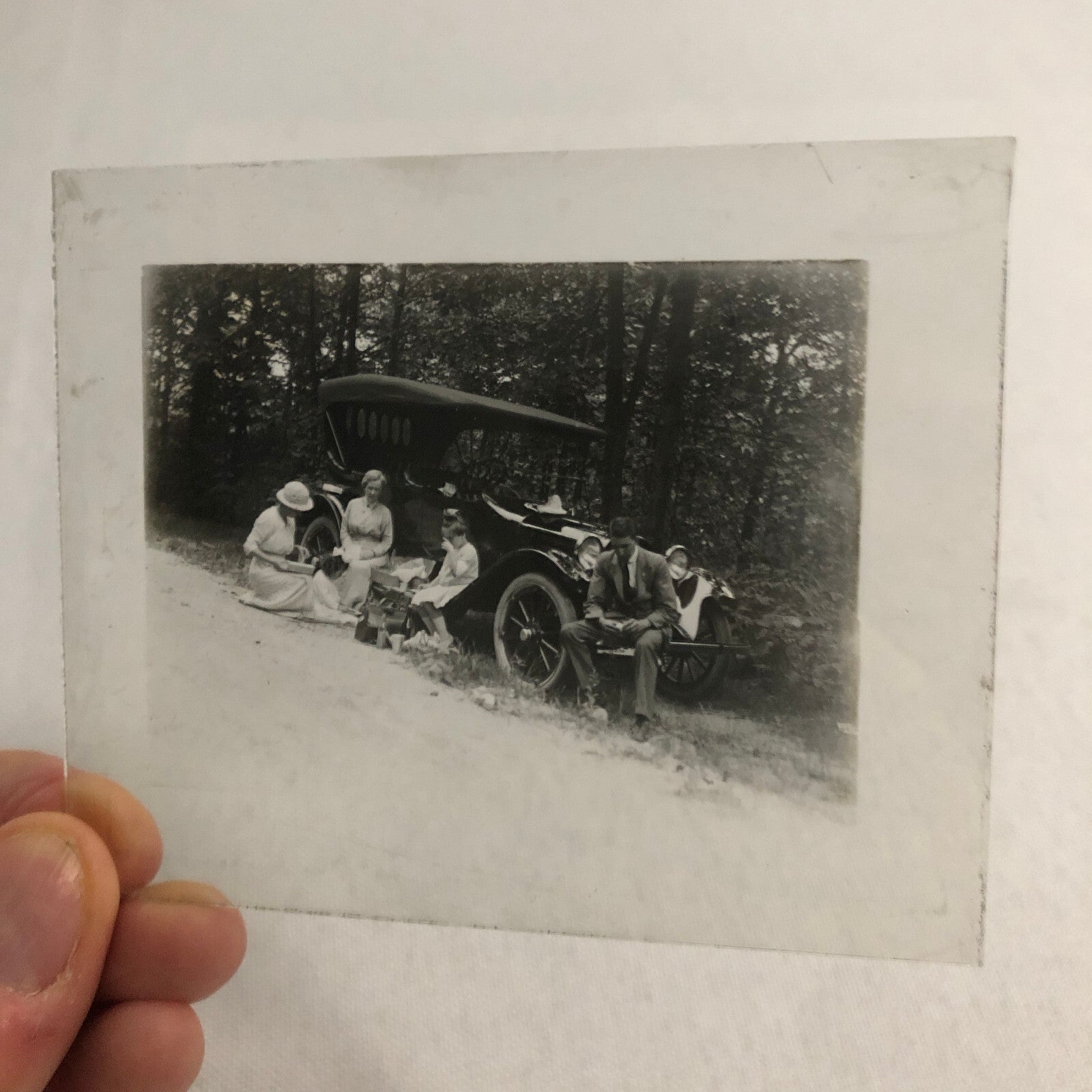 Antique Glass Plate Lantern Slide Photo Car Automobile People Picnic