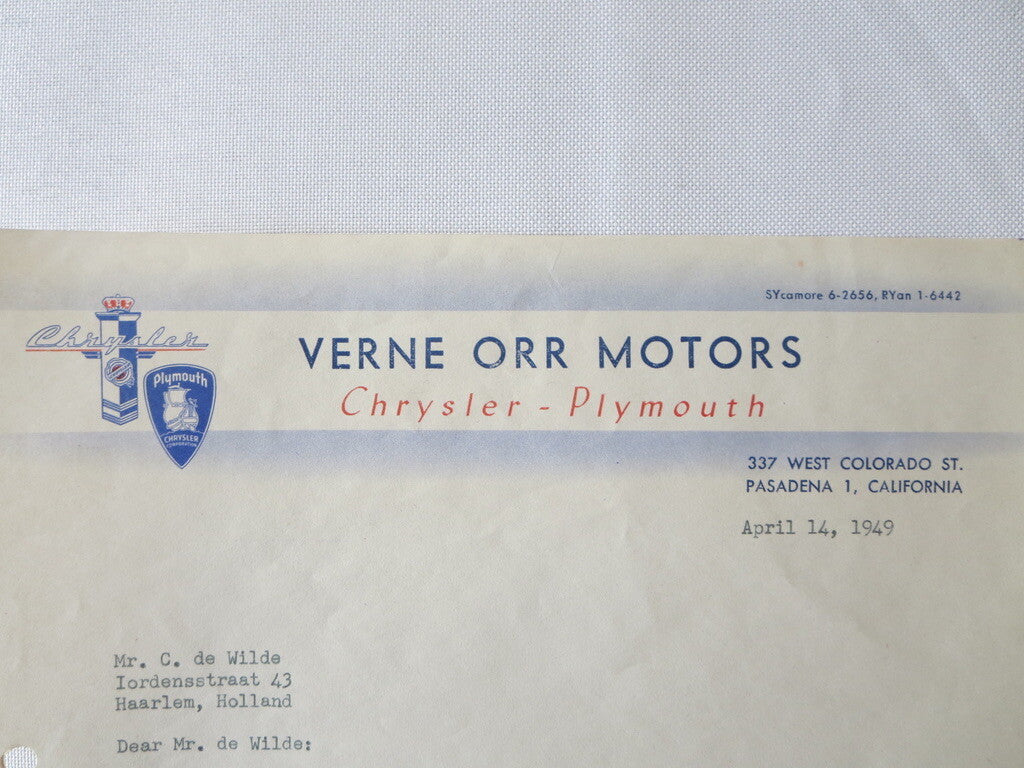 1949 Verne Orr Motors Chrysler Plymouth Dealer Dealership Letter Letterhead 