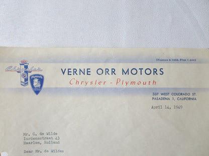 1949 Verne Orr Motors Chrysler Plymouth Dealer Dealership Letter Letterhead 