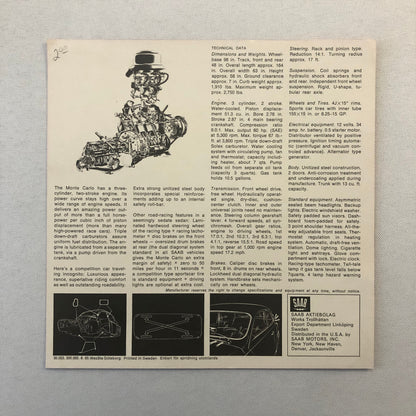 Vintage Saab Monte Carlo 850 Sales Sheet Brochure Advertising Catalog