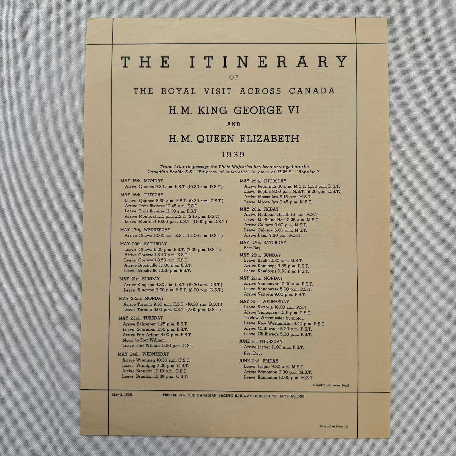 1939 The Spirit of Canada King George VI and Queen Elizabeth Visit Book