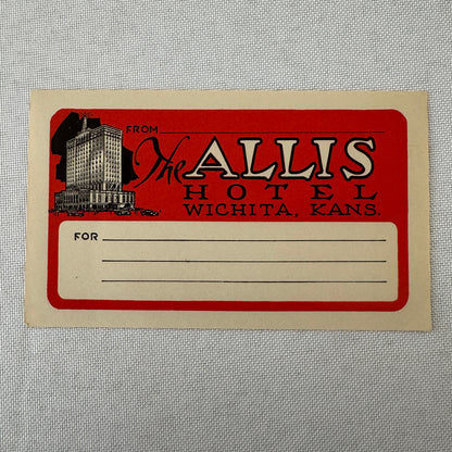 Vintage Hotel Travel Luggage Label The Allis Hotel Wichita Kansas