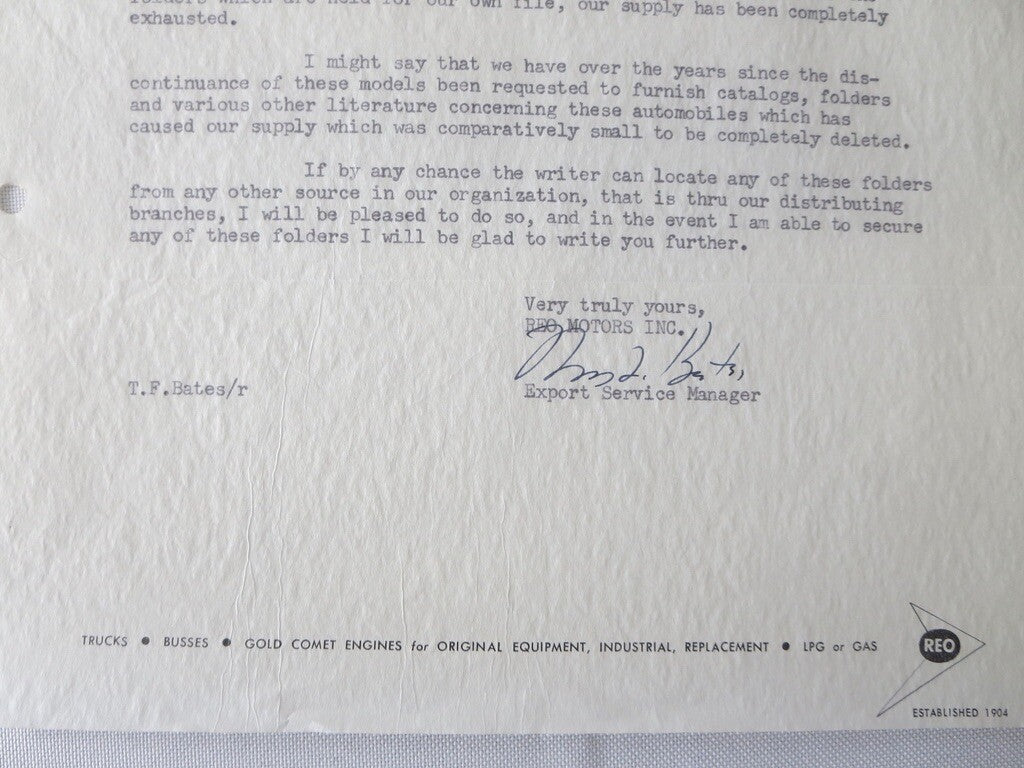 1956 REO Motors inc Letter Letterhead Document REO Truck Bus +