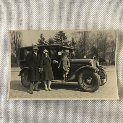 Vintage Photo Photograph Family with Classic Car Automobile Hood Ornament