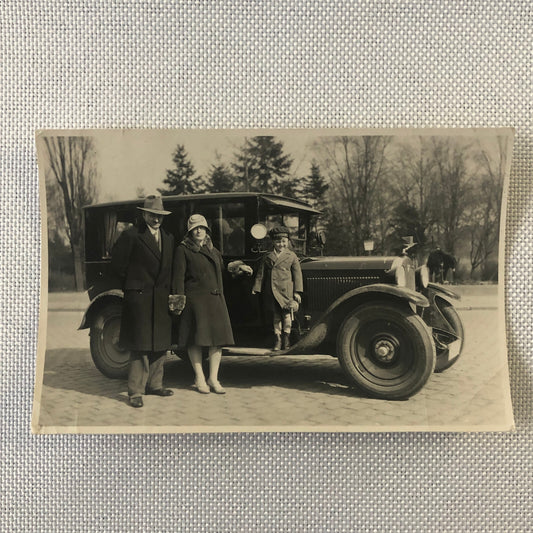 Vintage Photo Photograph Family with Classic Car Automobile Hood Ornament