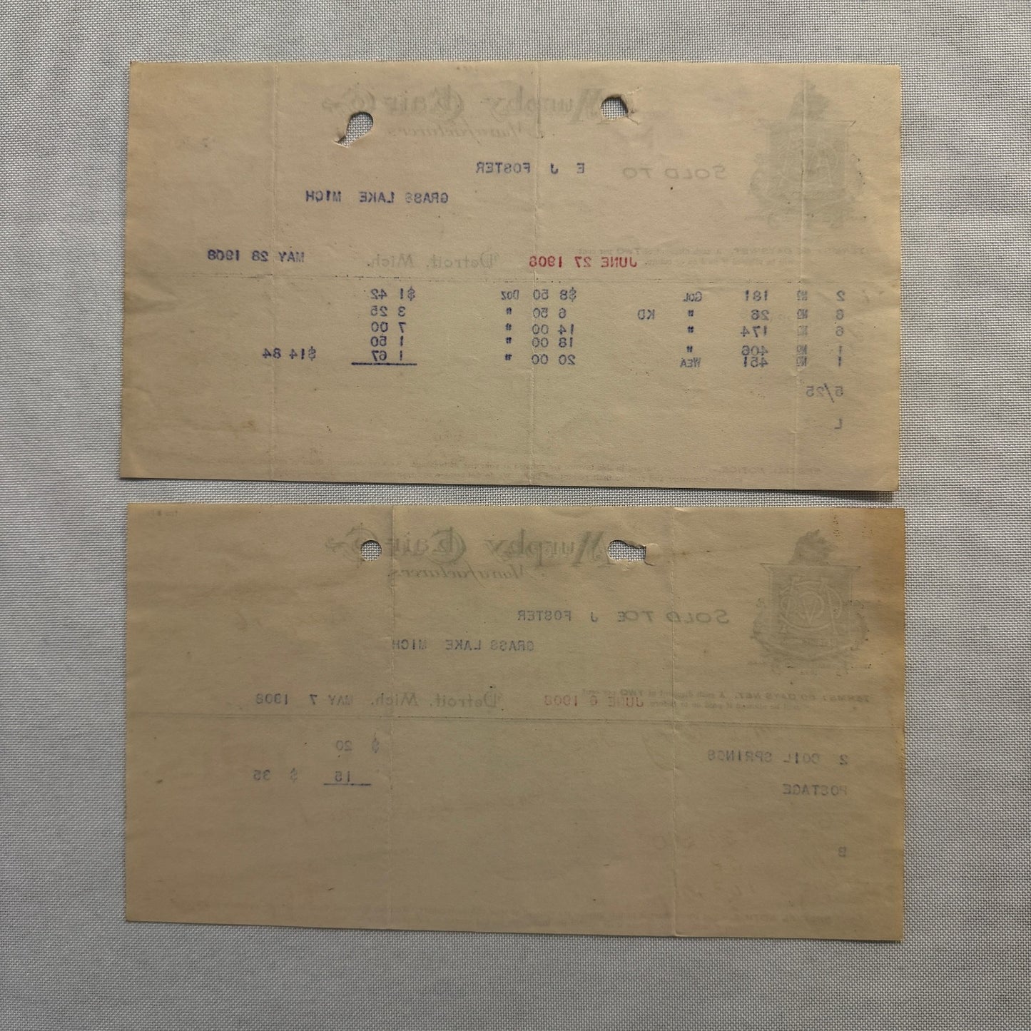 Murphy Chair Company Detroit Michigan Receipt Document Letterhead 1908 Lot 2x