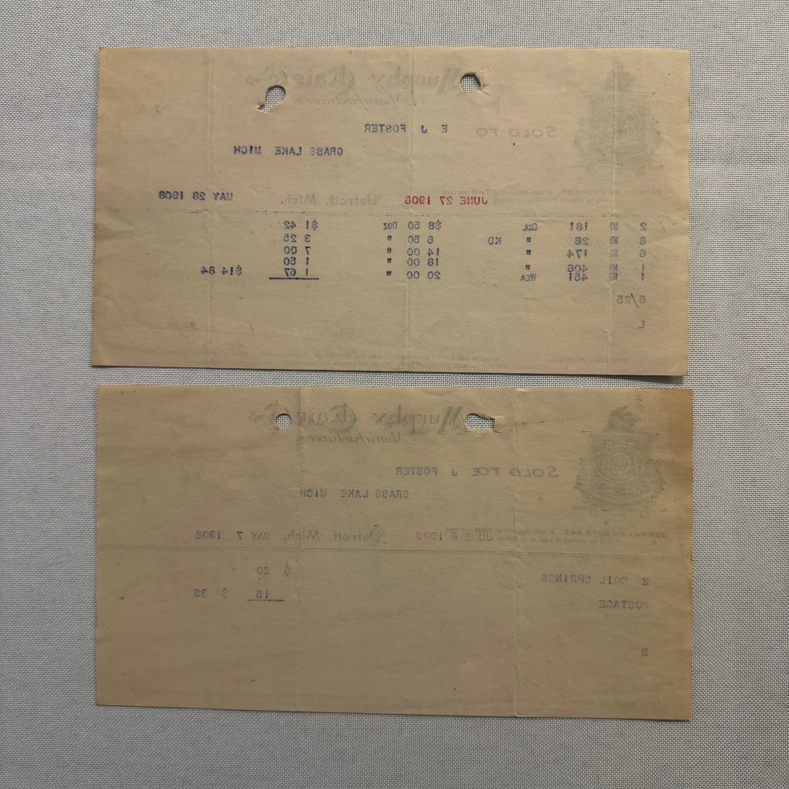 Murphy Chair Company Detroit Michigan Receipt Document Letterhead 1908 Lot 2x