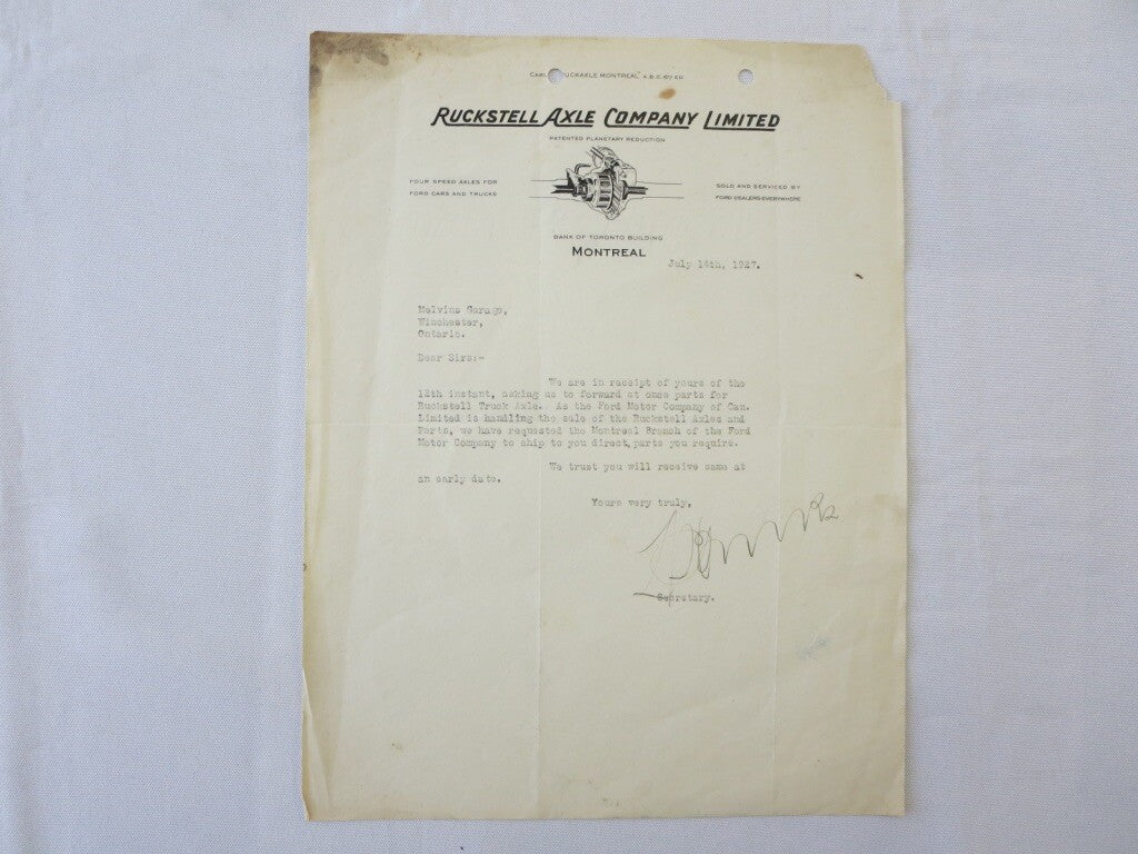 1927 Ruckstell Truck Axle Company Factory Letter FORD Letterhead