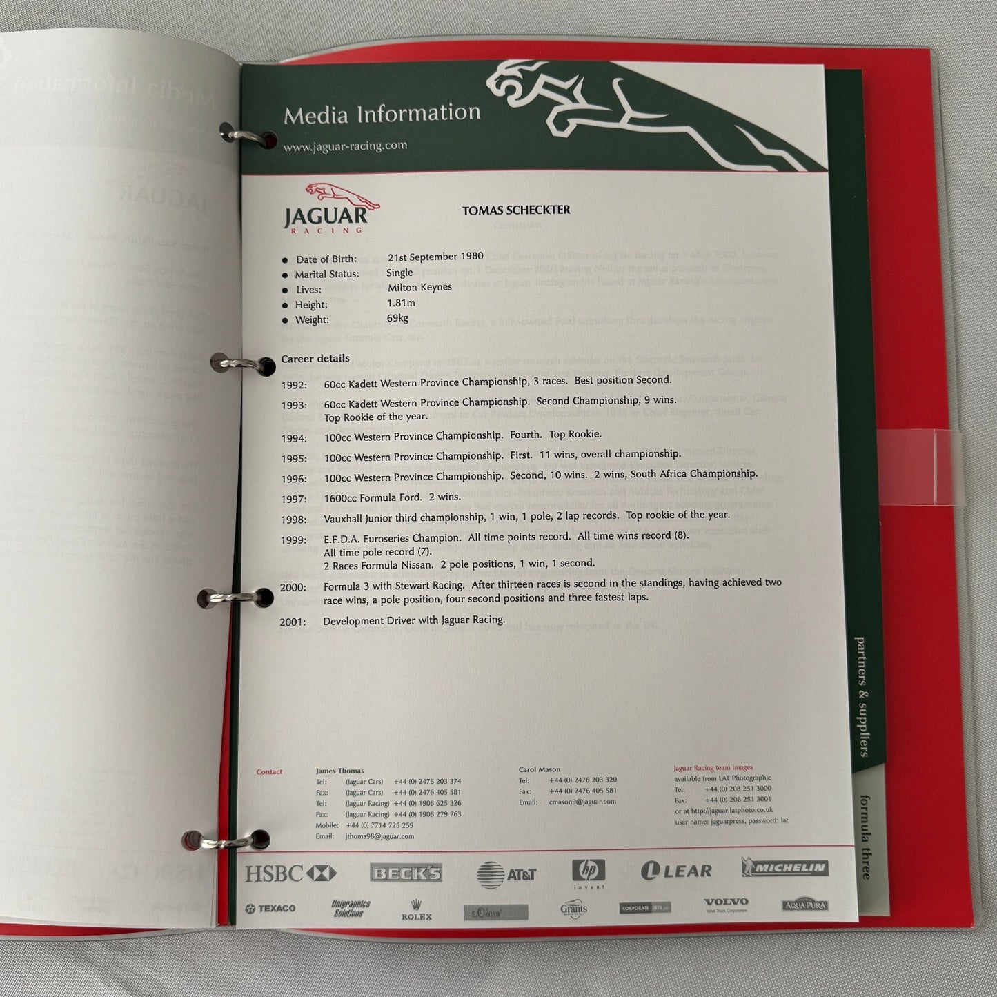 2001 Jaguar Racing Press Kit Formula 3 Formula One F1 Photos Eddie Irvine