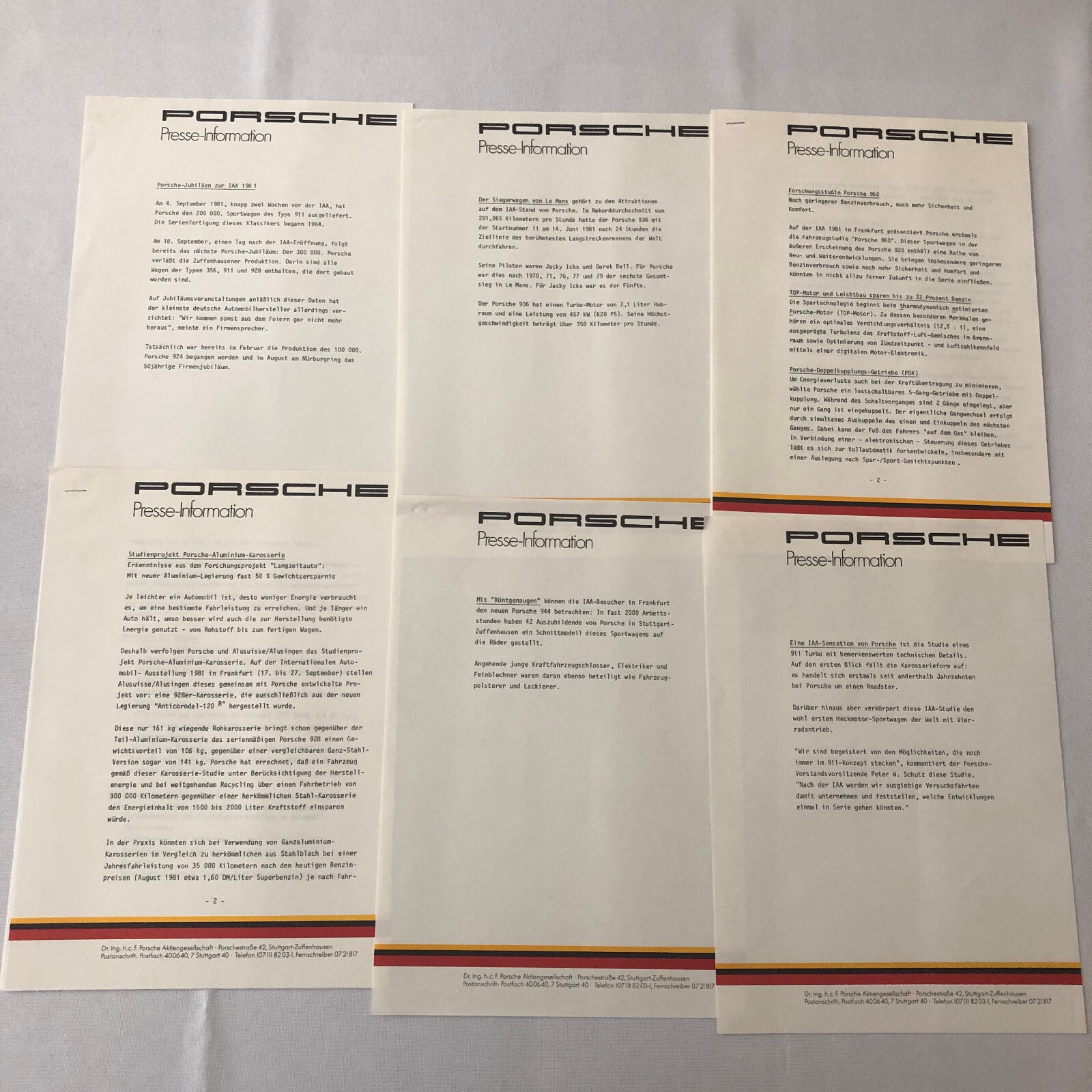 1981 1982 Porsche Press Kit w/ Photos 944 928 924 911SC 911 Turbo + GERMAN TEXT