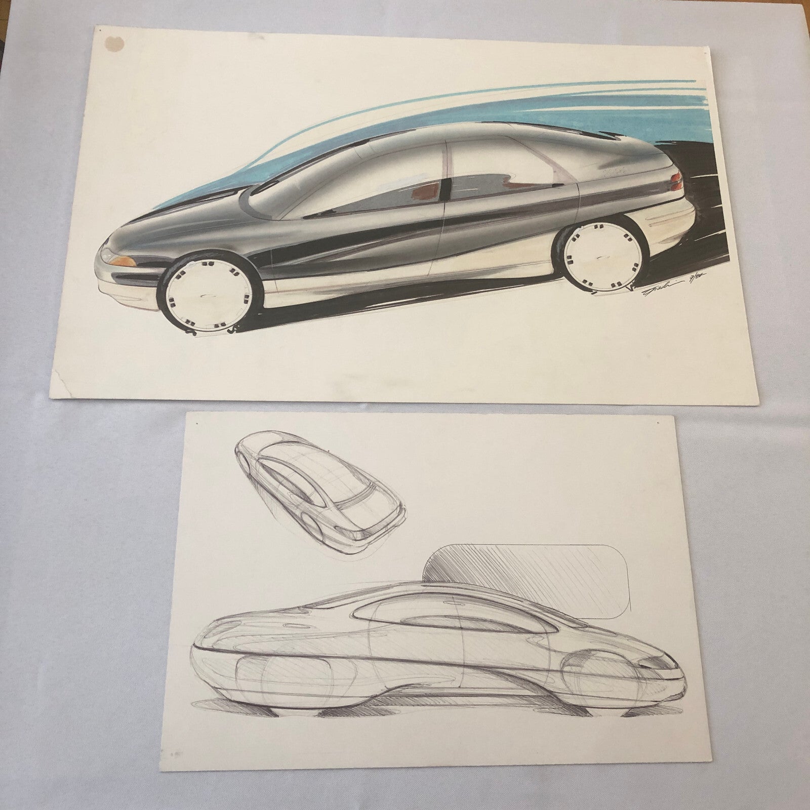 Vintage Concept Car Styling Art Design Illustration Lot of 2x Signed 1984 Ford