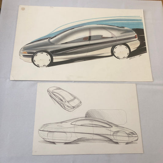 Vintage Concept Car Styling Art Design Illustration Lot of 2x Signed 1984 Ford