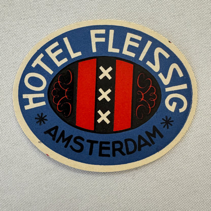 Vintage Hotel Travel Luggage Label Hotel Fleissig Amsterdam Holland Dutch