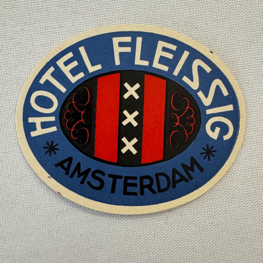 Vintage Hotel Travel Luggage Label Hotel Fleissig Amsterdam Holland Dutch