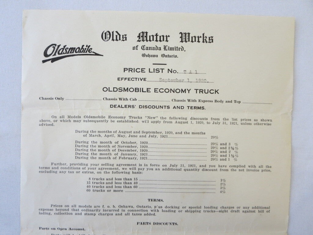 1920 Oldsmobile Economy Truck Factory Pricing Document Letterhead 
