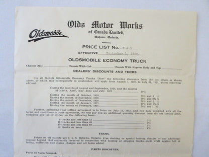 1920 Oldsmobile Economy Truck Factory Pricing Document Letterhead 