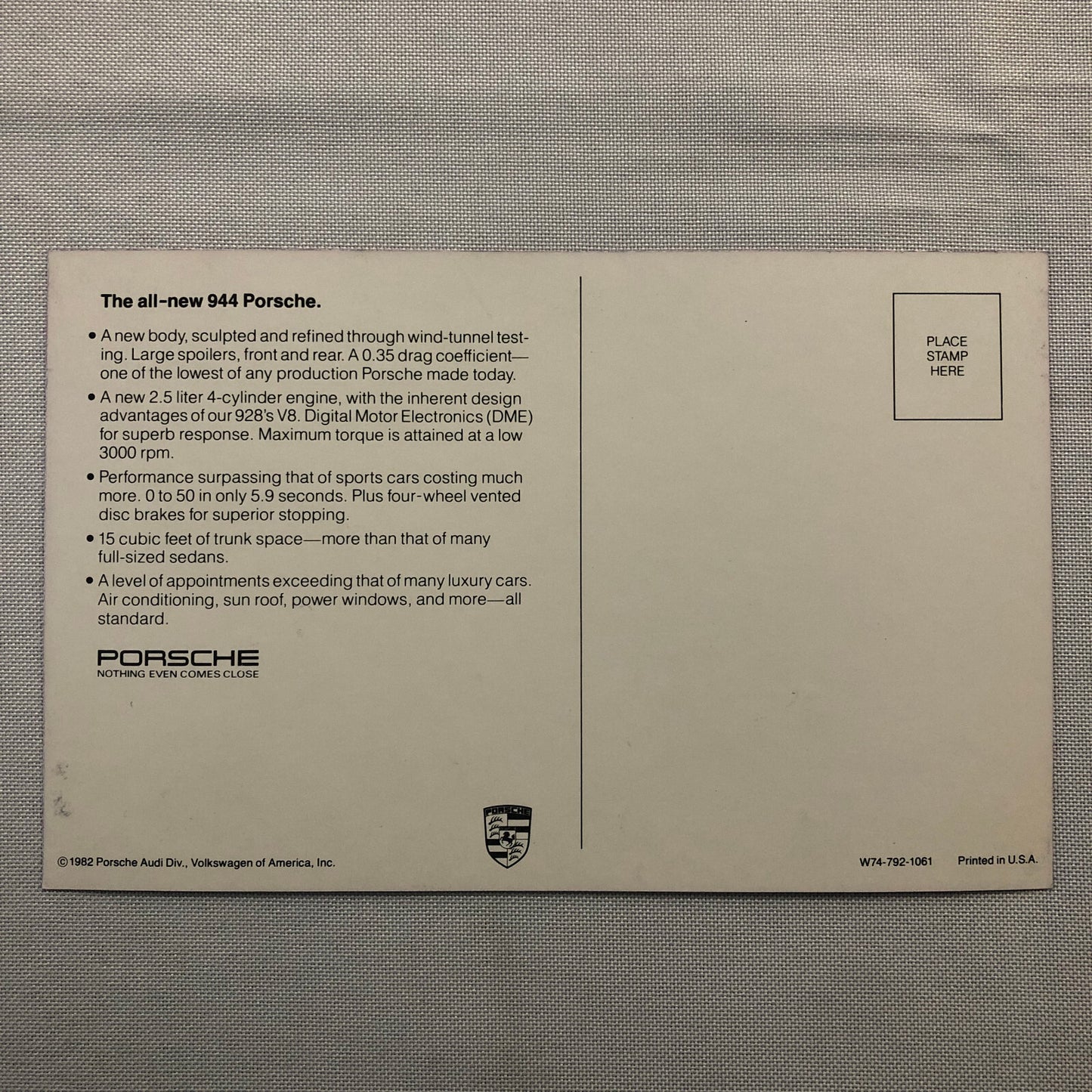 1982 Porsche 944 Advertising Postcard Post Card Vintage