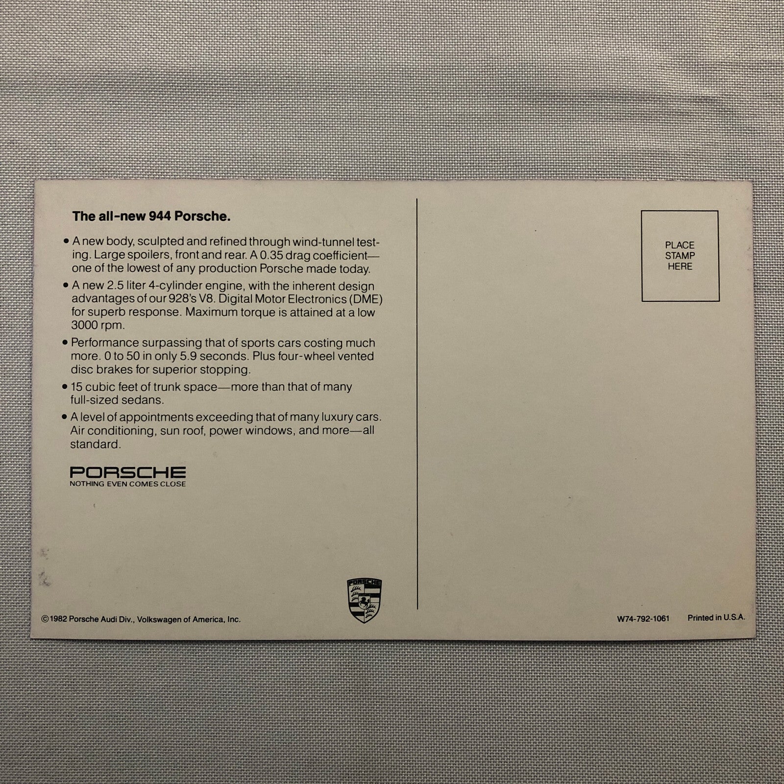 1982 Porsche 944 Advertising Postcard Post Card Vintage