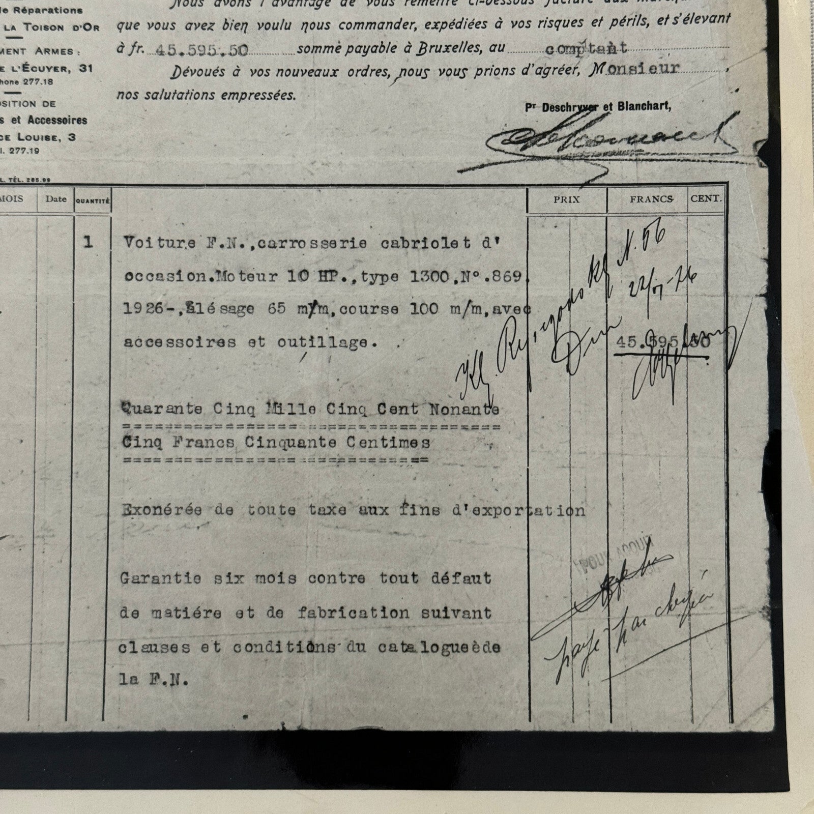 Fabrique Nationale FN Car Automobile Purchase Document Photograph Lot 2x