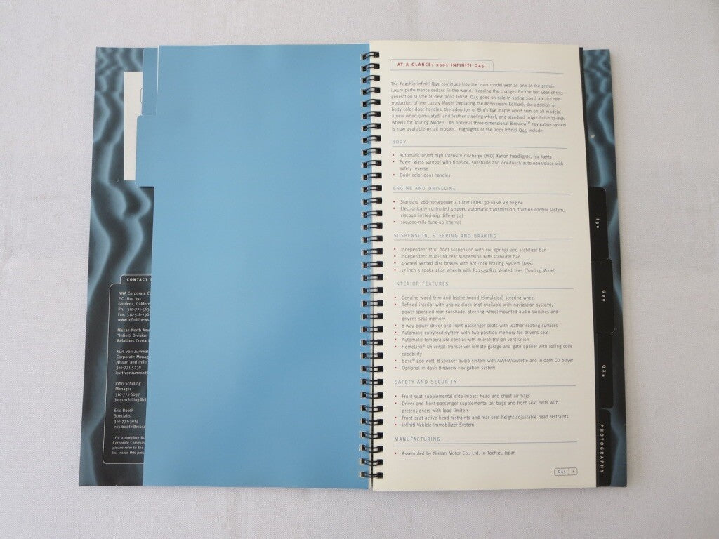2001 Infiniti Press Kit Brochure Catalog Q45 G20 QX4 I30 