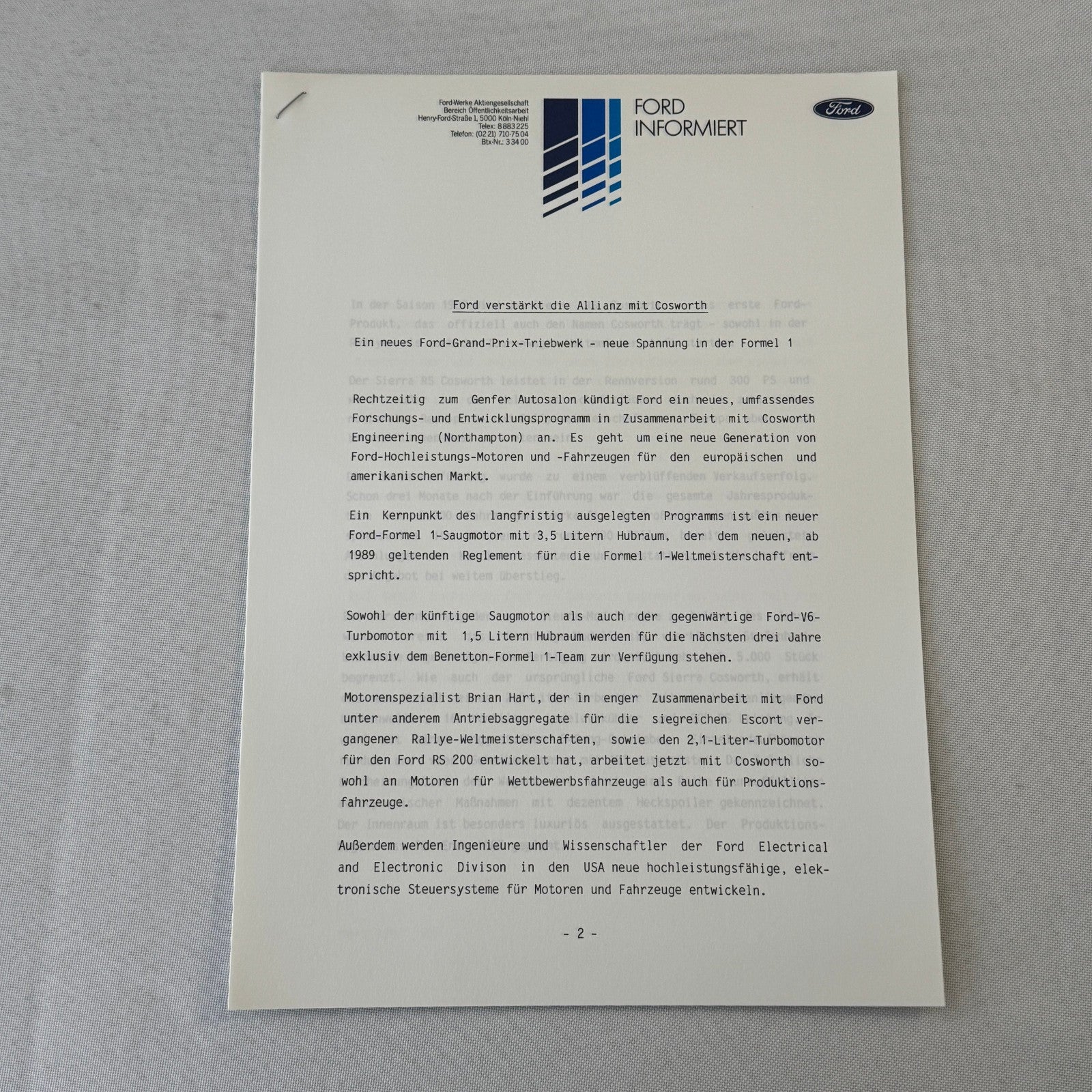 1987 Ford Sierra Cosworth XR4Ti Racing Team Press Kit Photos GERMAN