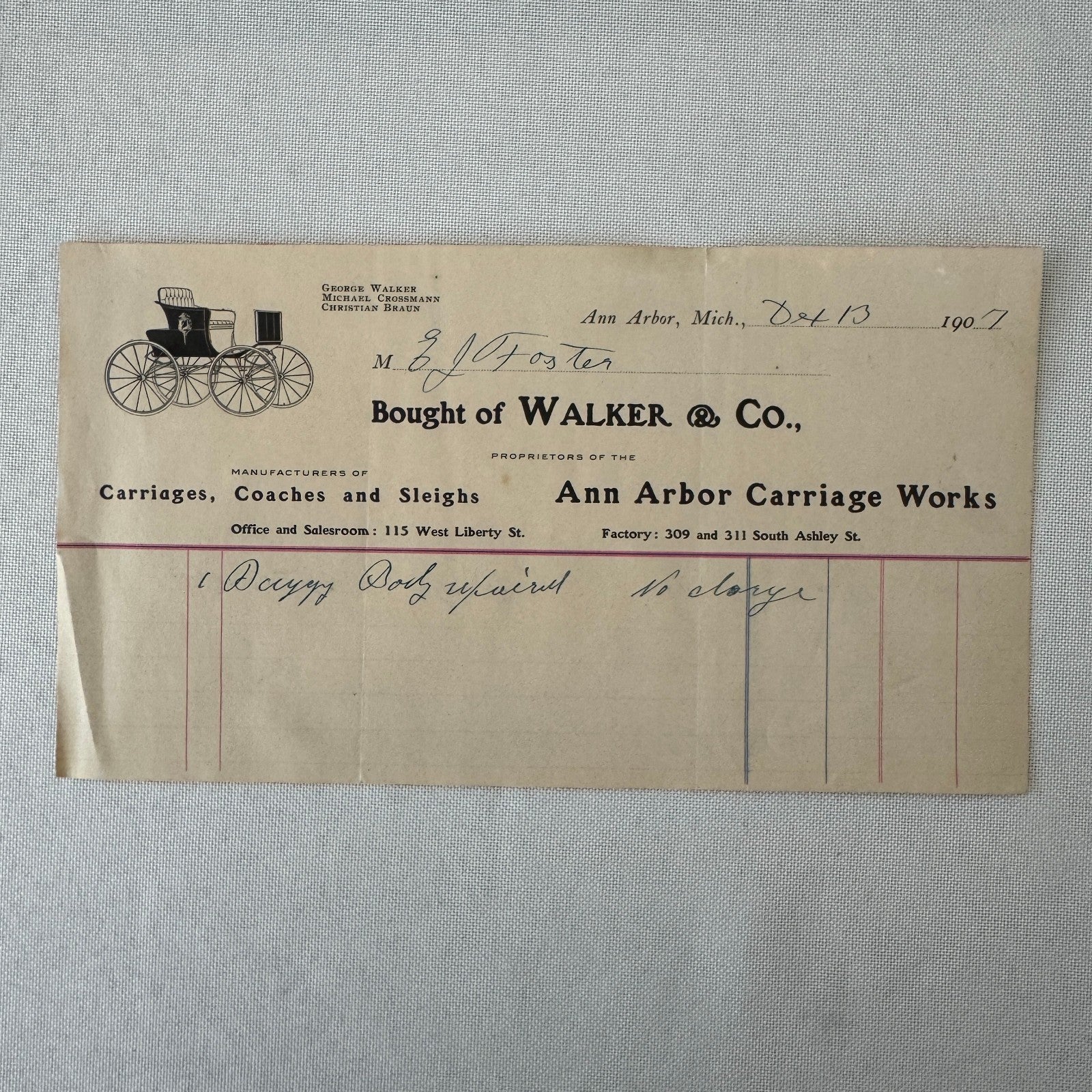 1907 Walker and Company Ann Arbor Carriage Works Receipt Letterhead Document