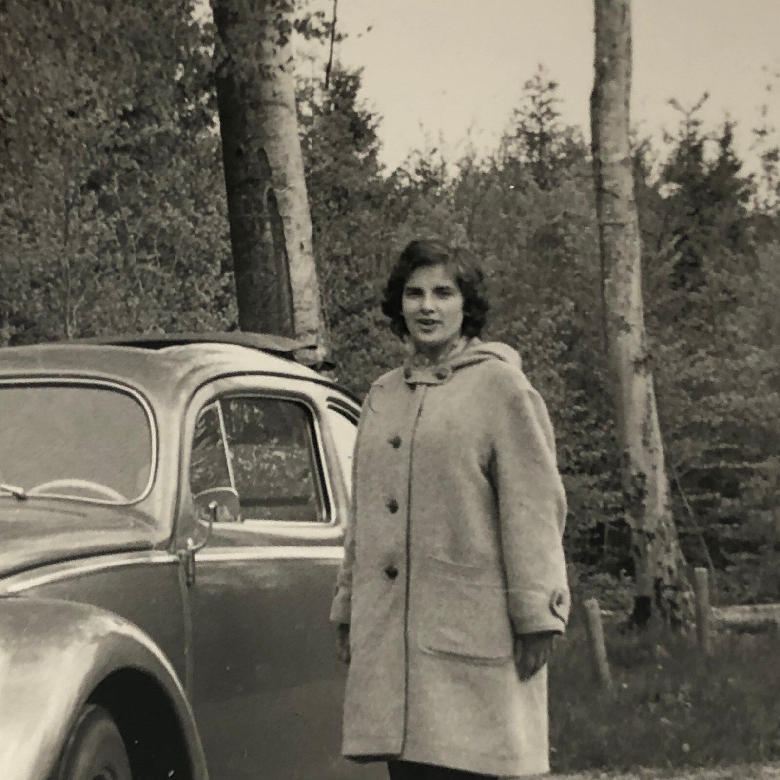 Vintage Photo Photograph Snapshot Woman with Volkswagen Beetle Bug Car