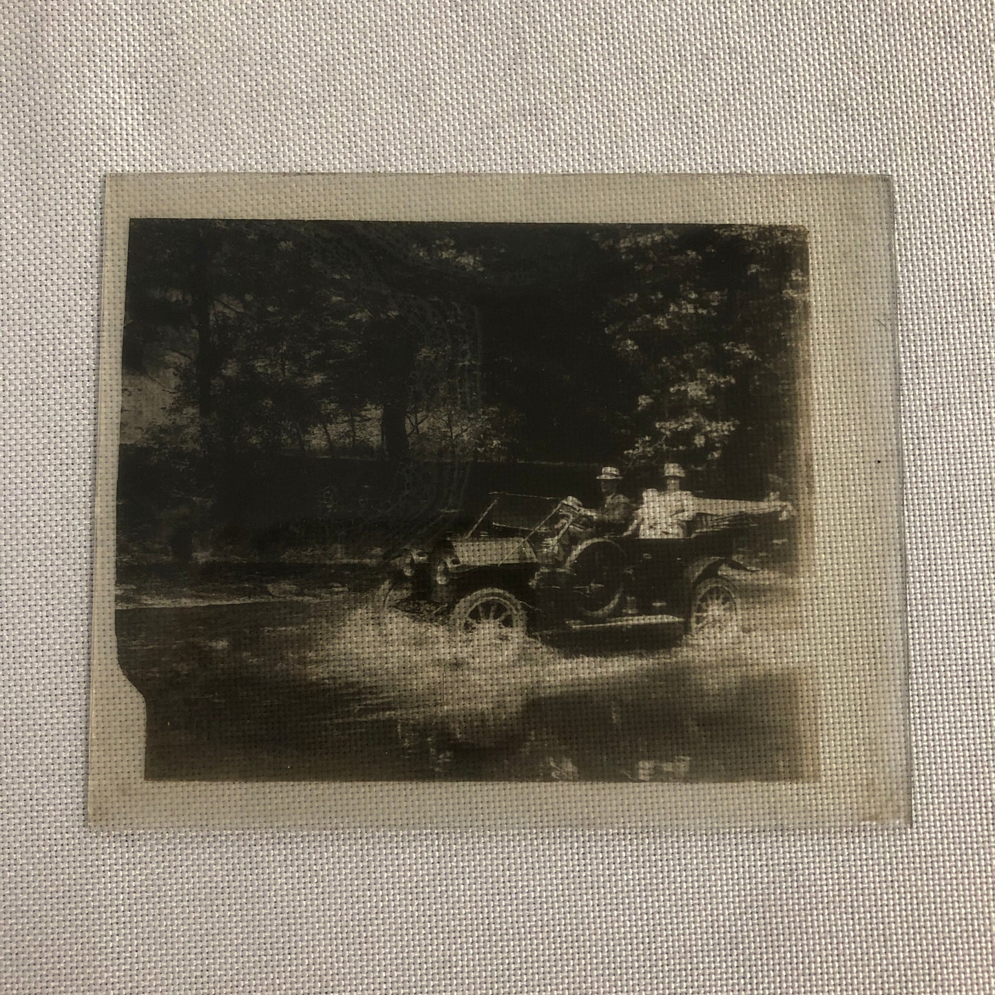 Antique Glass Plate Lantern Slide Photo Car Automobile Driving in Water