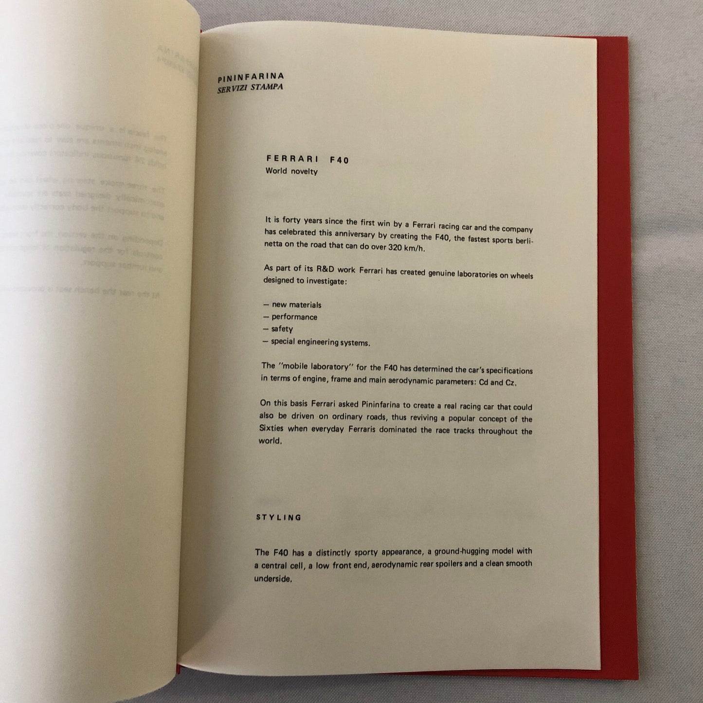 1987 Pininfarina Press Kit Ferrari F40 Alfa Romeo 164 Cadillac Allante Peugeot