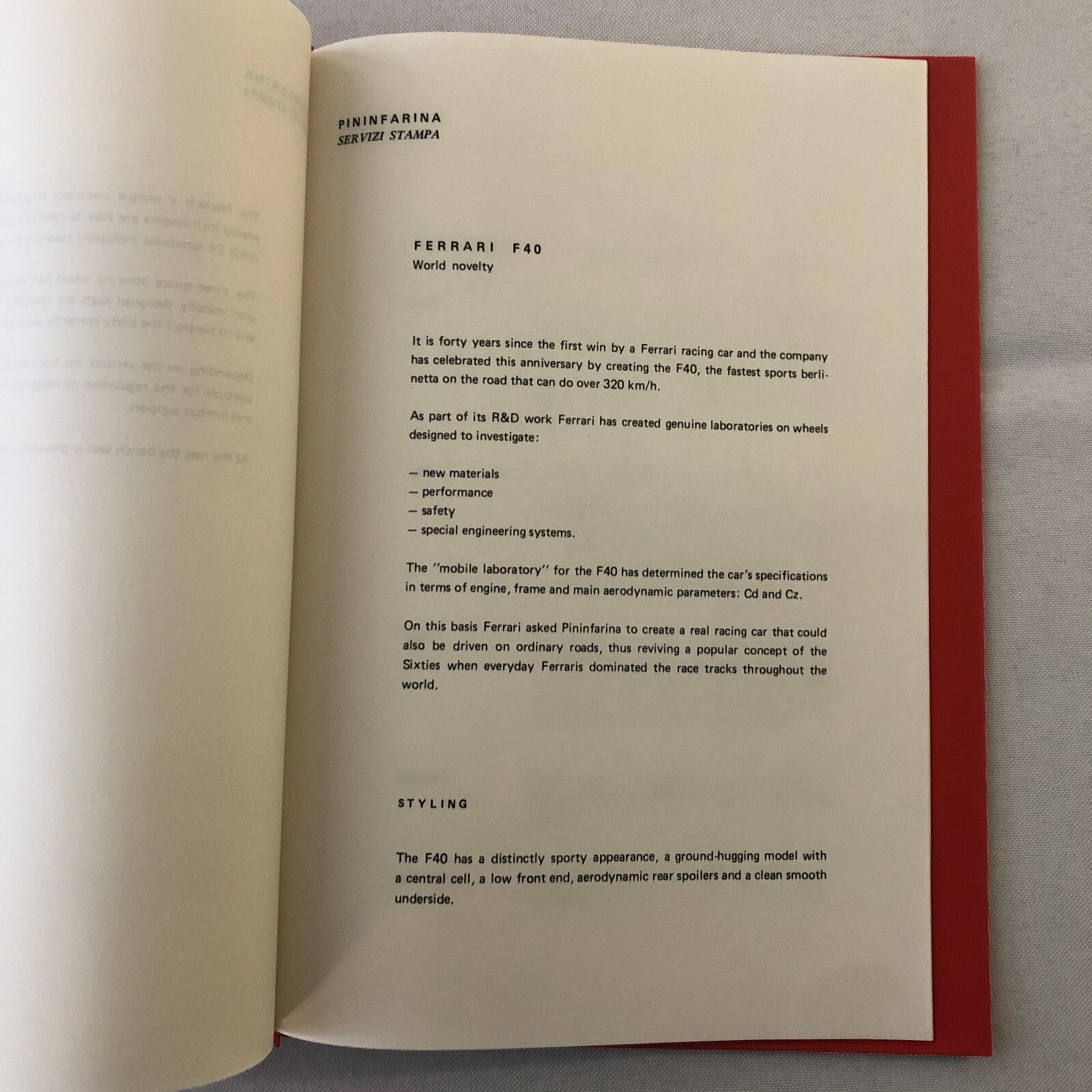 1987 Pininfarina Press Kit Ferrari F40 Alfa Romeo 164 Cadillac Allante Peugeot