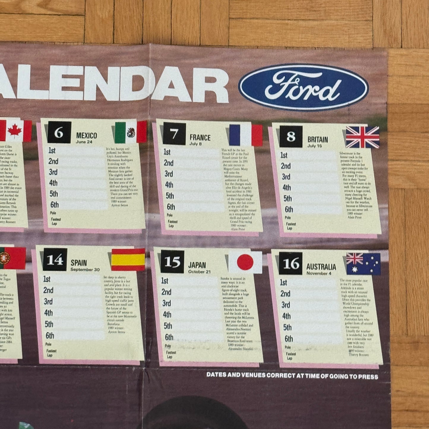 1990 Formula One Grand Prix Racing Calendar Poster Benetton Ford Nelson Piquet