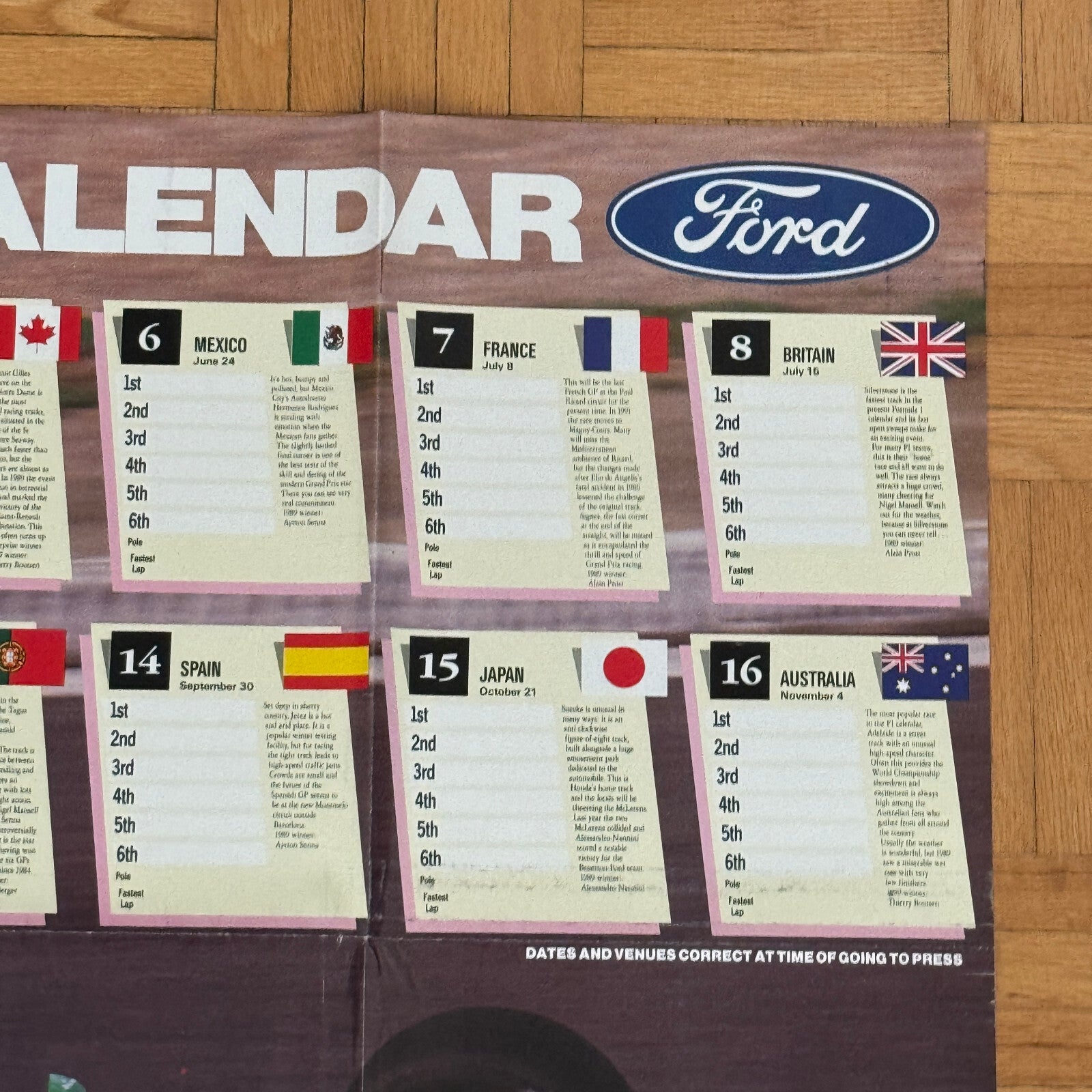 1990 Formula One Grand Prix Racing Calendar Poster Benetton Ford Nelson Piquet