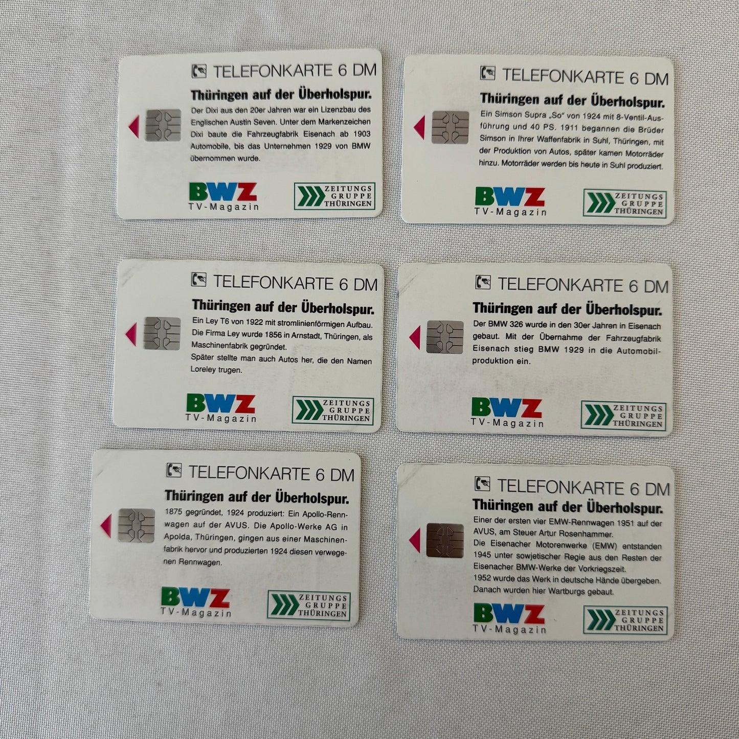 Vintage Car Automobile Colllectible Phone Card Lot 6x German BWZ