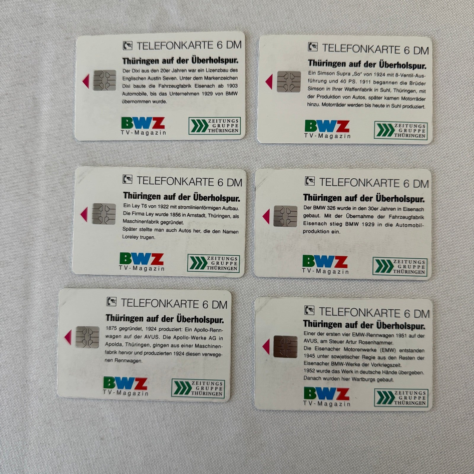 Vintage Car Automobile Colllectible Phone Card Lot 6x German BWZ