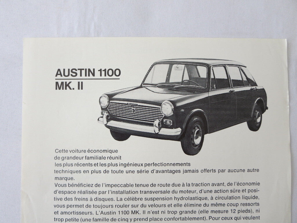 1960s Austin 1100 MK II Sales Sheet Brochure MKII FRENCH Canadian 