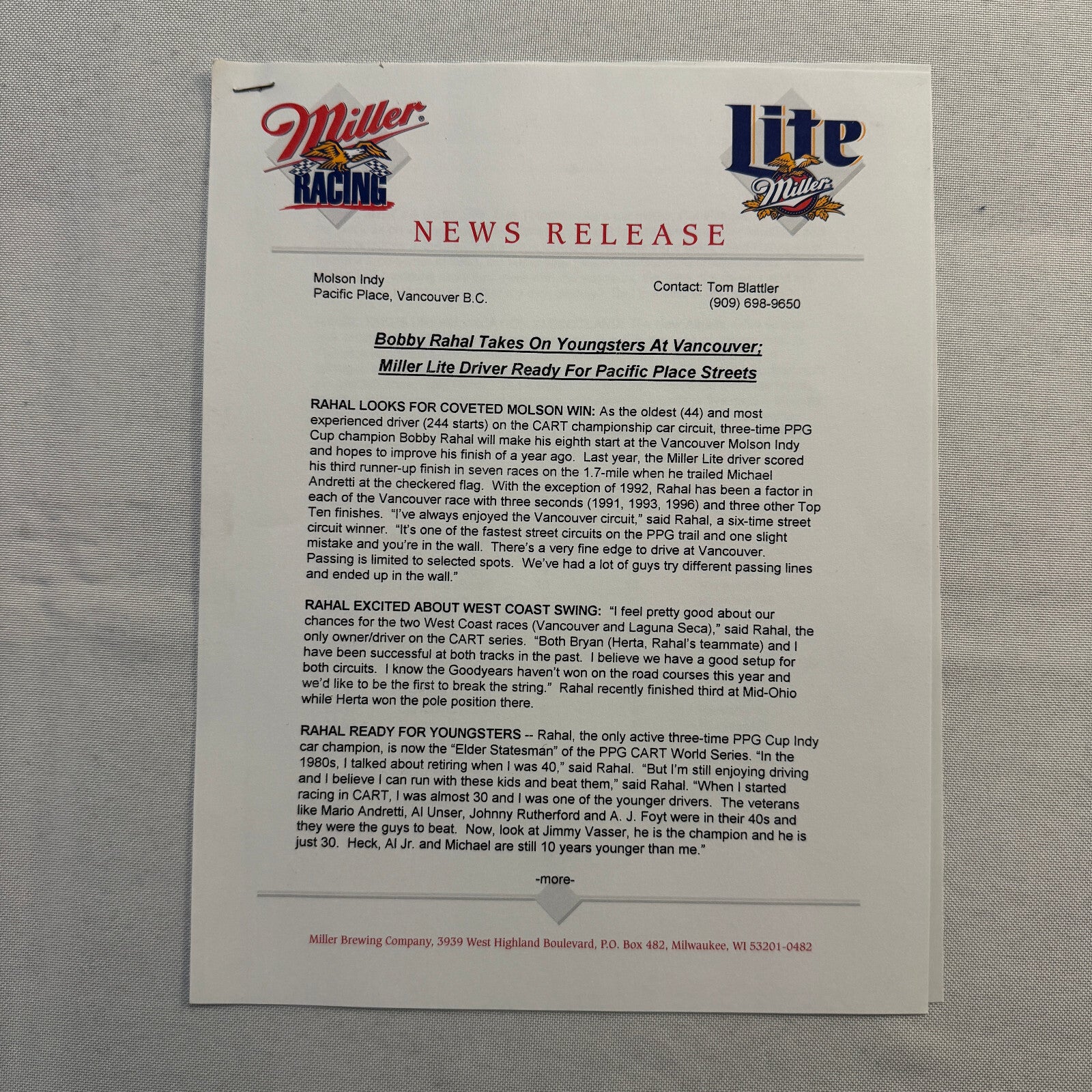 1997 CART Racing Bobby Rahal Miller Racing Press Kit Media Guide Bryan Herta +