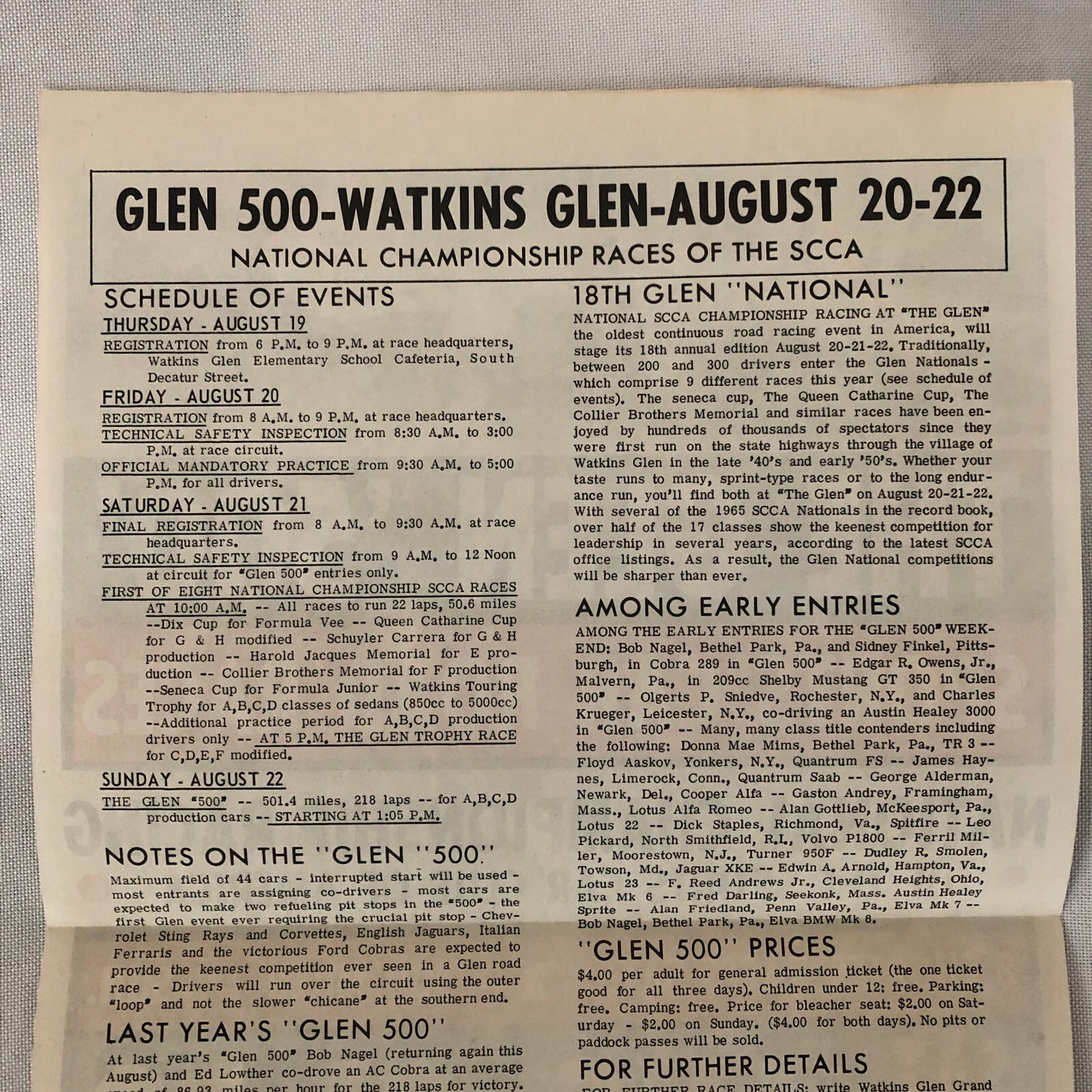 Vintage Watkins Glen Sports Car Road Race Poster Cobra Ferrari 250 SCCA