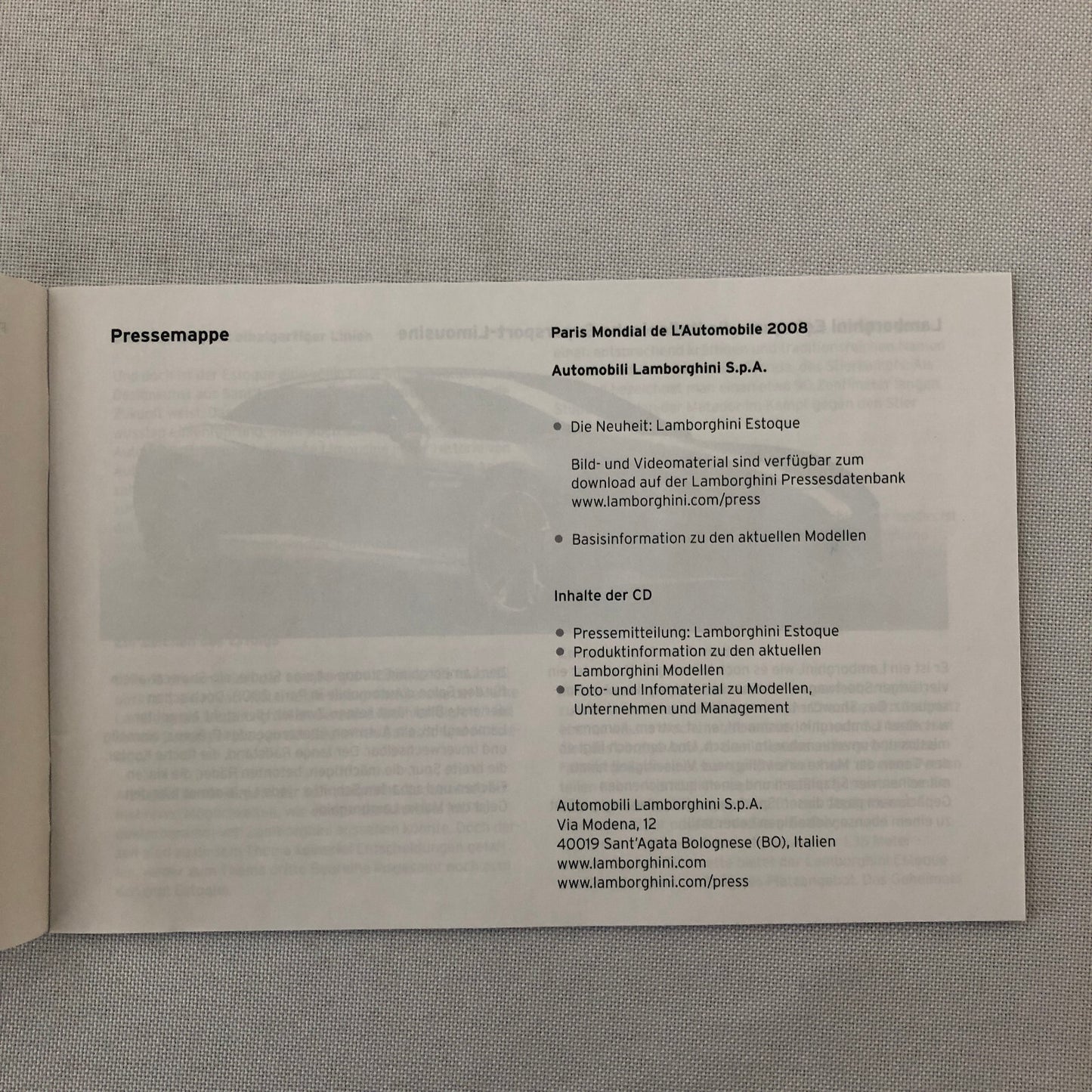 Lamborghini Press Kit Brochure with CD Estoque Concept Gallardo Murcielago