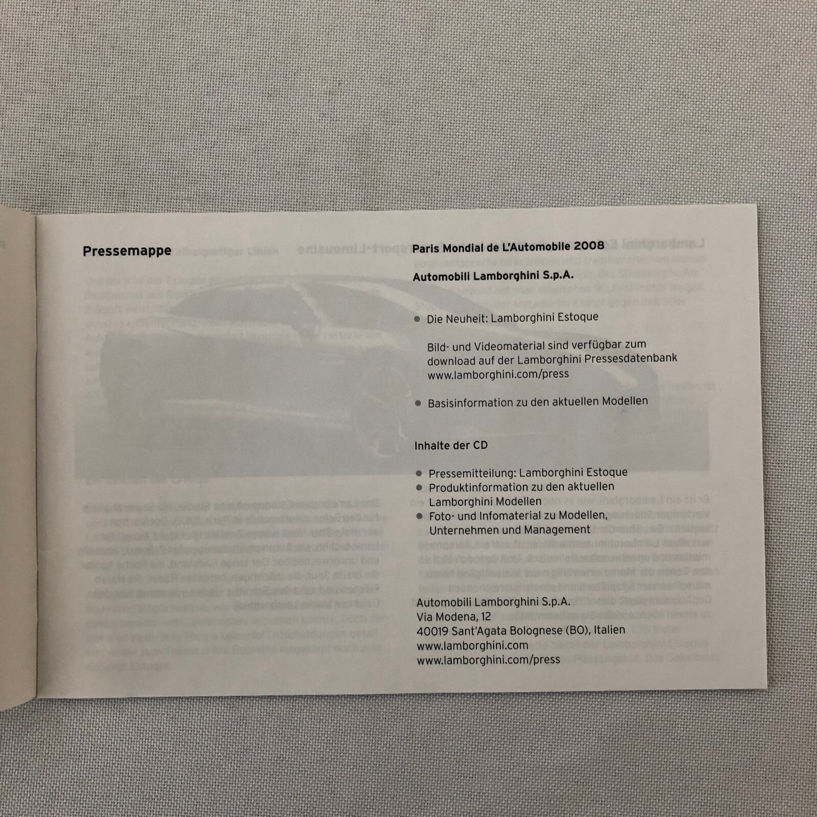 Lamborghini Press Kit Brochure with CD Estoque Concept Gallardo Murcielago