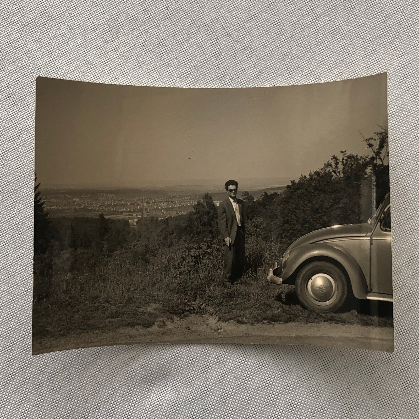 Vintage Photo Photograph Snapshot Man with VW Volkswagen Beetle Bug