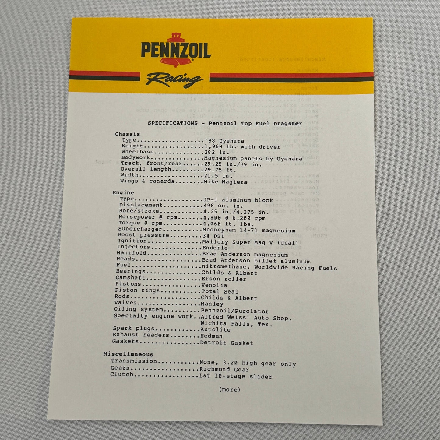 Vintage Pennzoil Racing Press Kit Top Fuel Dragster Pontiac Trans Am