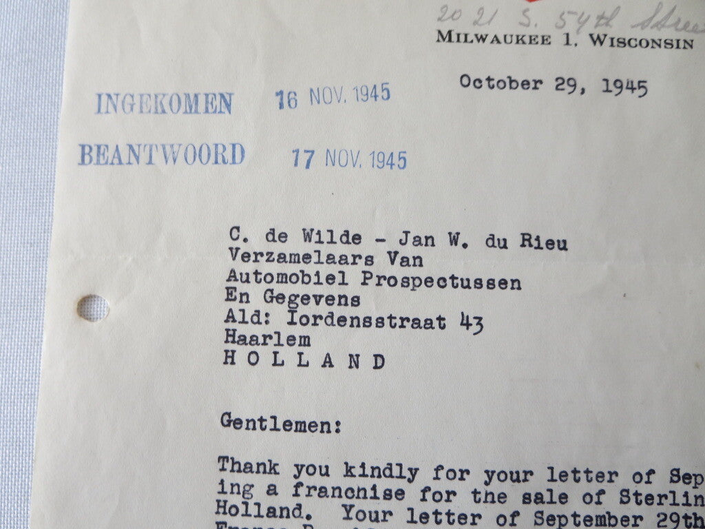 1945 Sterling Motor Truck Corporation Letter Letterhead Document 