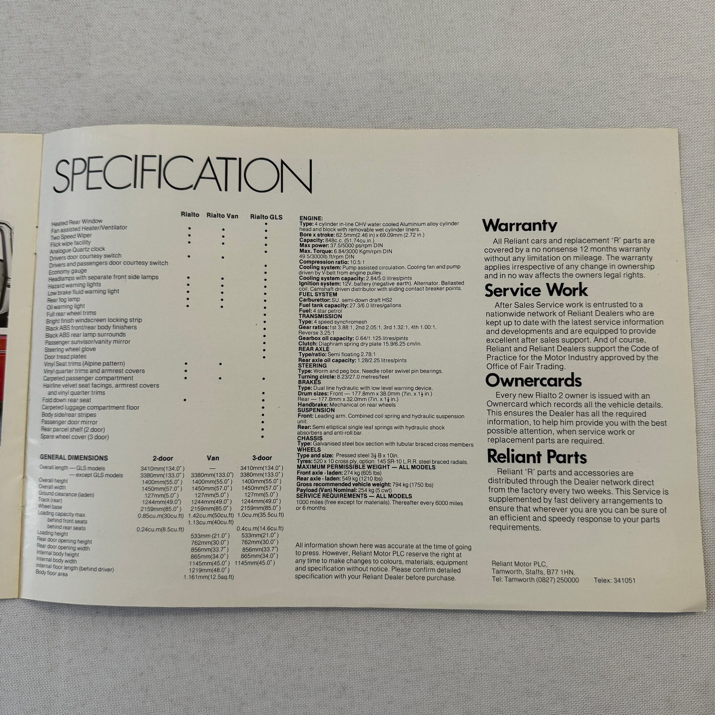 Reliant Rialto 2 Car Sales Brochure Catalog Advertising 3 Wheel