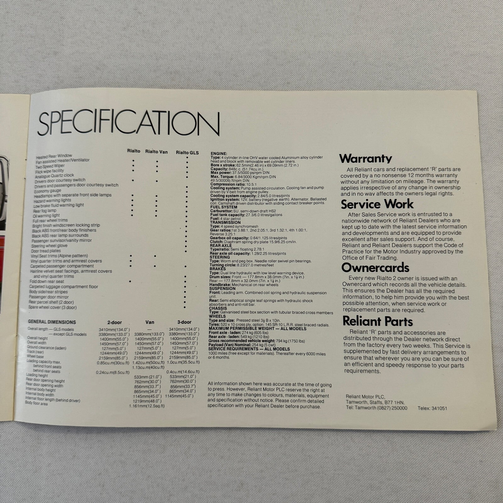 Reliant Rialto 2 Car Sales Brochure Catalog Advertising 3 Wheel