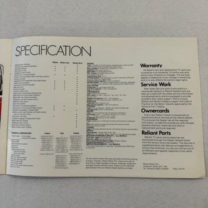 Reliant Rialto 2 Car Sales Brochure Catalog Advertising 3 Wheel