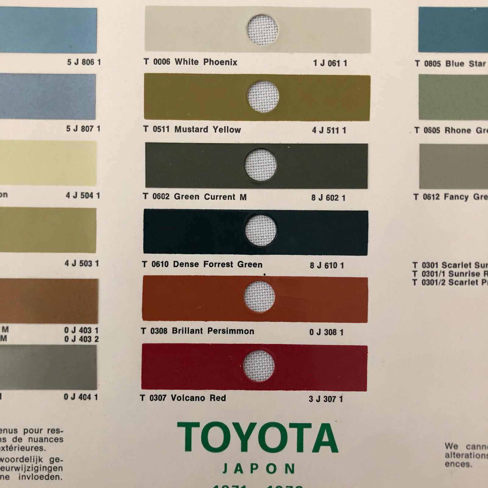 1971 1972 Toyota Car Paint Chip Color Sample Sheet Valentine