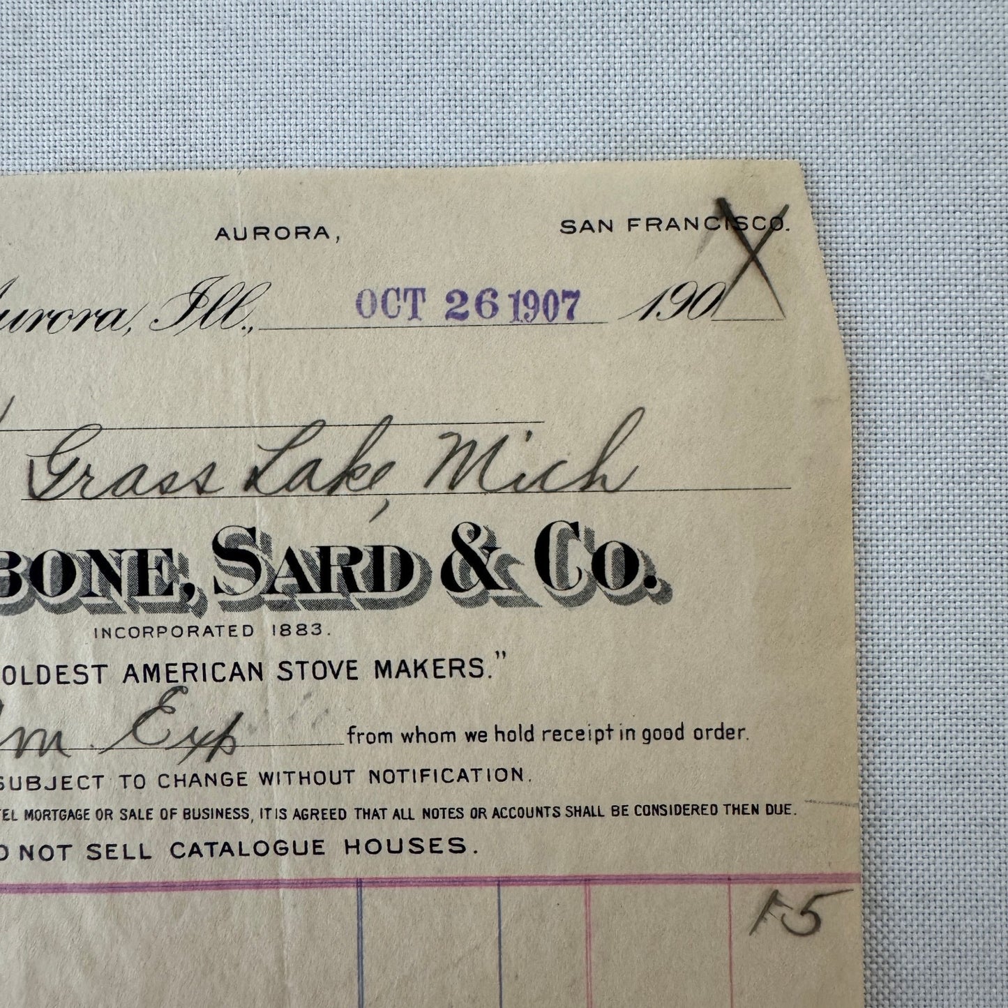 Rathbone Sard and Company Acorn Stoves and Ranges Receipt Invoice Document 1907