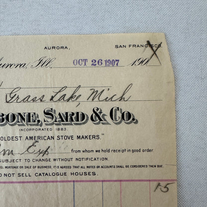 Rathbone Sard and Company Acorn Stoves and Ranges Receipt Invoice Document 1907