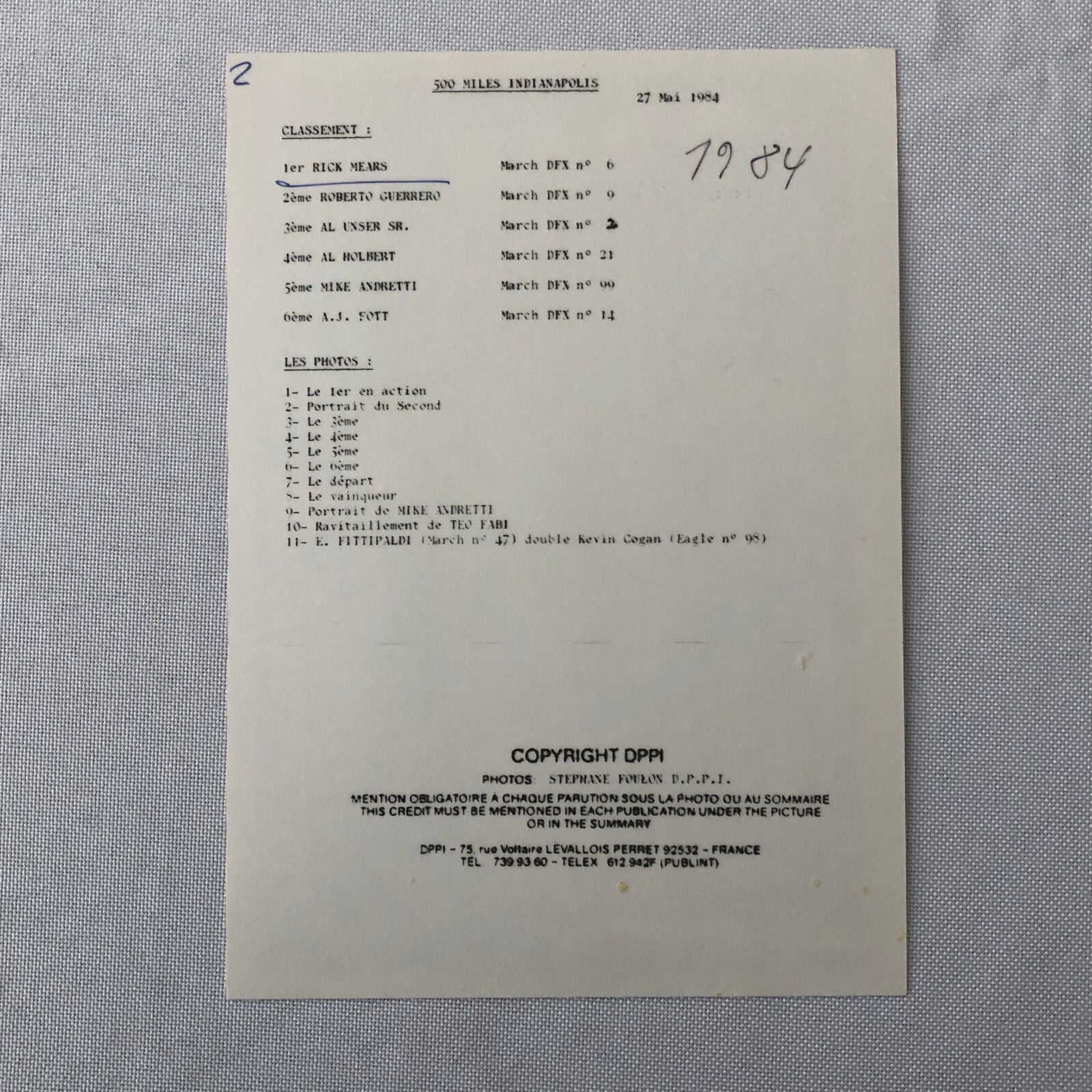 Vintage Indy Indianapolis Racing Photo Photograph Rick Mears 1984 DPPI