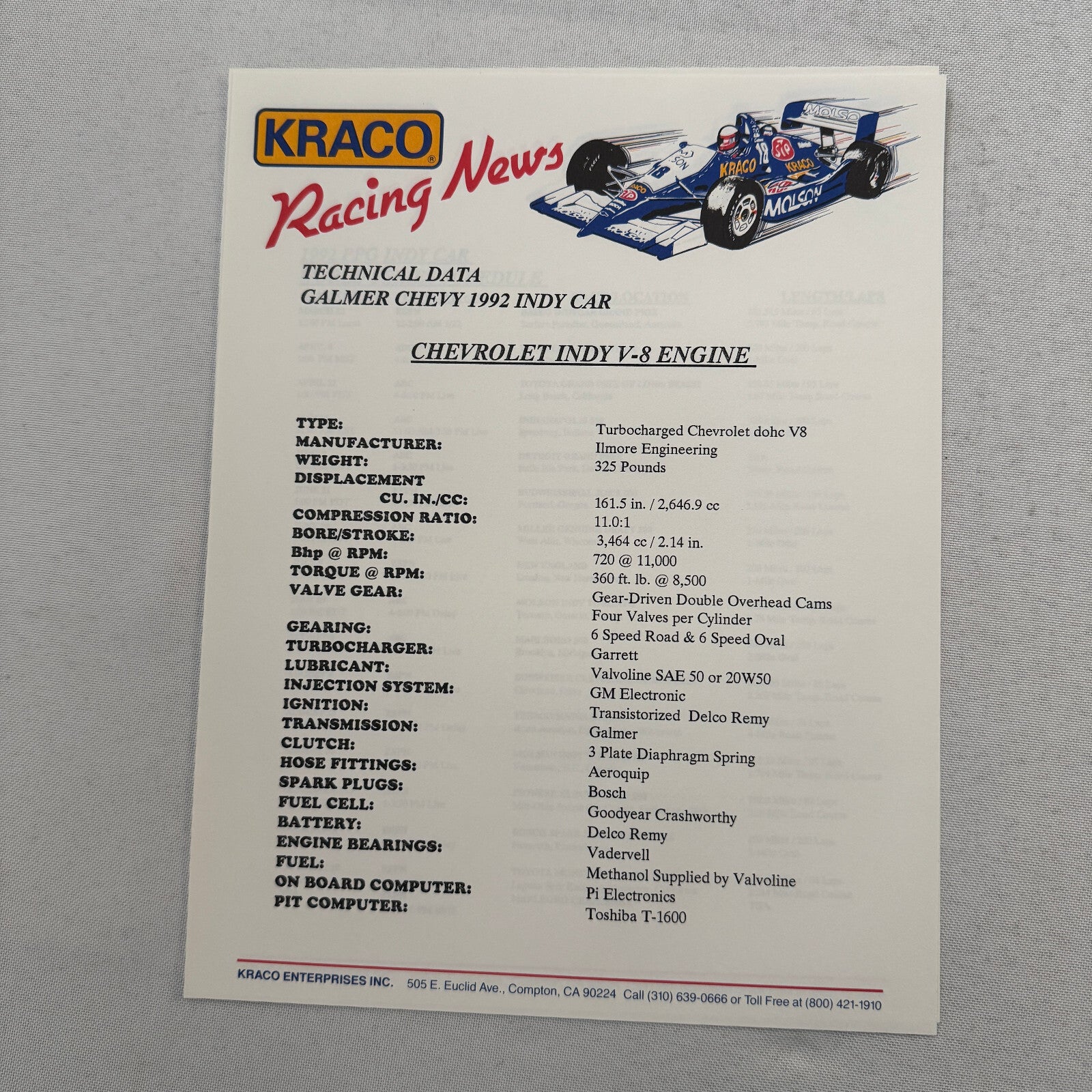 1992 Danny Sullivan Kraco Indy Car Racing Press Kit Brochure Photos Galmer Chevy